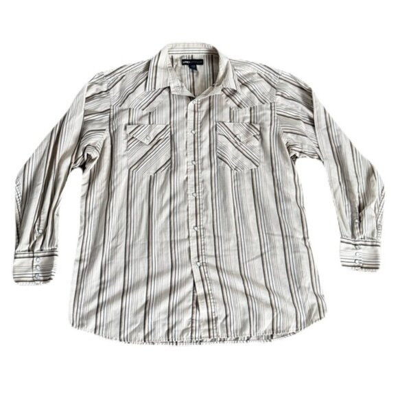 MWG Extra Large Beige Brown Stripe Pearl Snap Western Shirt - Picture 1 of 7